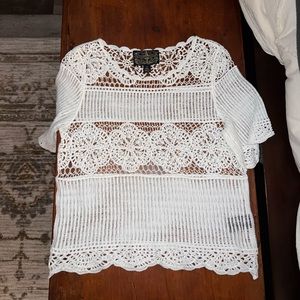 Anthropologie white knit eyelet lace blouse top
